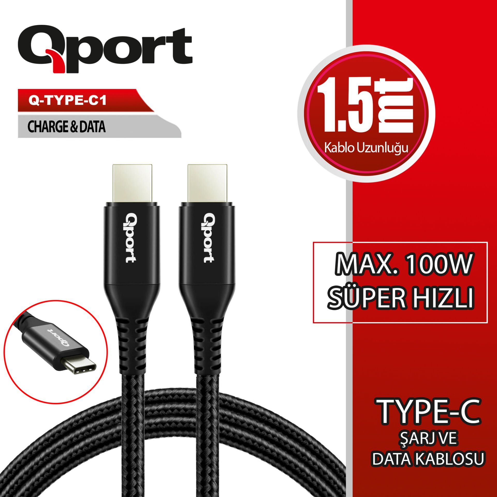 QPORT Q-TYPE-C1 1.5M TYPE-C 100W SUPER HIZLI PD SARJ VE DATA KABLOSU