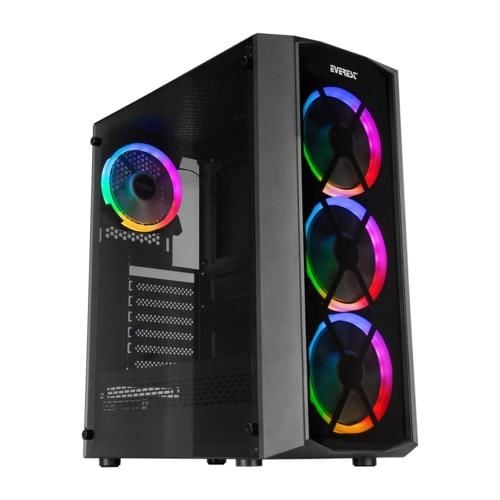 Everest Flat Glass 4x12cm Rainbow Fan Tempered Camlı Bilgisayar Kasası PSU Yok