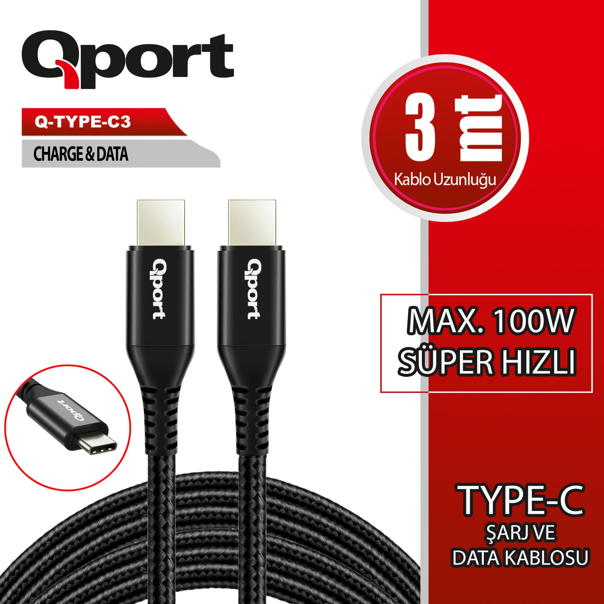 QPORT Q-TYPE-C3 3M TYPE-C 100W SUPER HIZLI PD SARJ VE DATA KABLOSU
